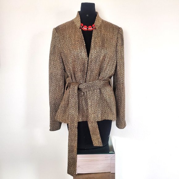 Oscar De La Renta Belted Blazer Brown Tweed Size 16 - Picture 1 of 5